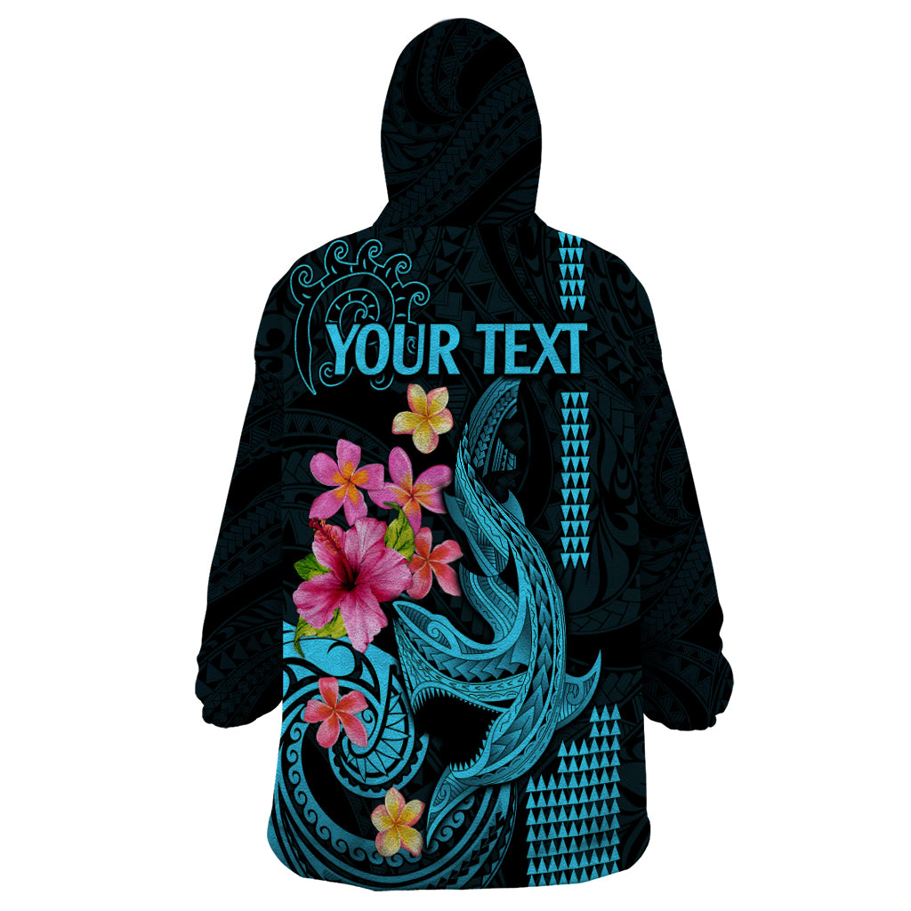 Custom Polynesian Wearable Blanket Hoodie Hawaiian Warriors with Tribal Shark Tattoos - Blue LT9 - Polynesian Pride