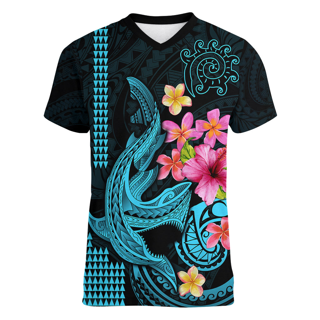 Custom Polynesian Women V Neck T Shirt Hawaiian Warriors with Tribal Shark Tattoos - Blue LT9 Female Blue - Polynesian Pride