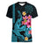 Custom Polynesian Women V Neck T Shirt Hawaiian Warriors with Tribal Shark Tattoos - Blue LT9 Female Blue - Polynesian Pride