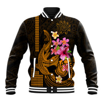 Custom Polynesian Baseball Jacket Hawaiian Warriors with Tribal Shark Tattoos - Gold LT9 Unisex Gold - Polynesian Pride