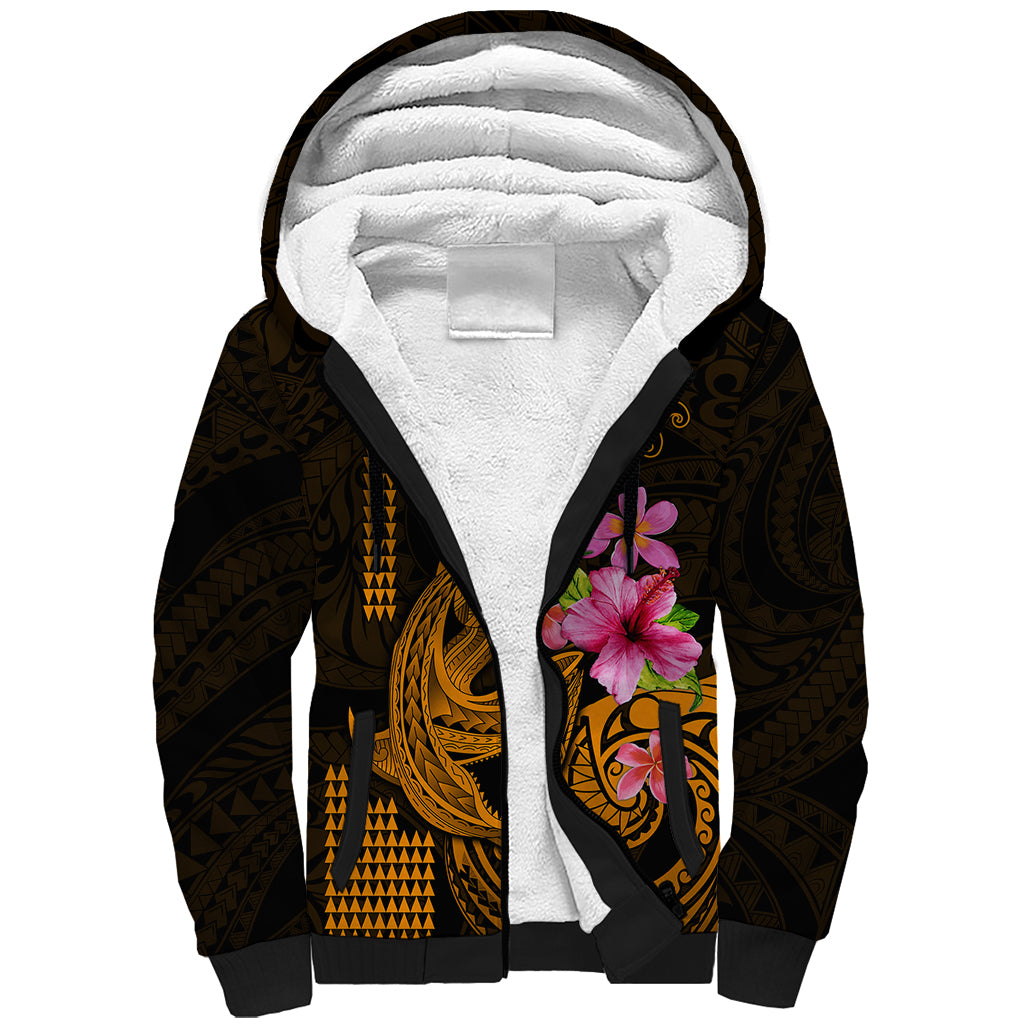 Custom Polynesian Sherpa Hoodie Hawaiian Warriors with Tribal Shark Tattoos - Gold LT9 Unisex Gold - Polynesian Pride