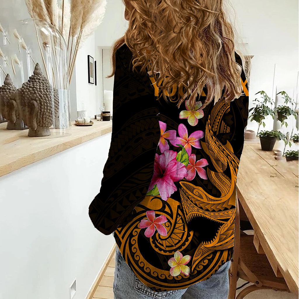 Custom Polynesian Women Casual Shirt Hawaiian Warriors with Tribal Shark Tattoos - Gold LT9 - Polynesian Pride