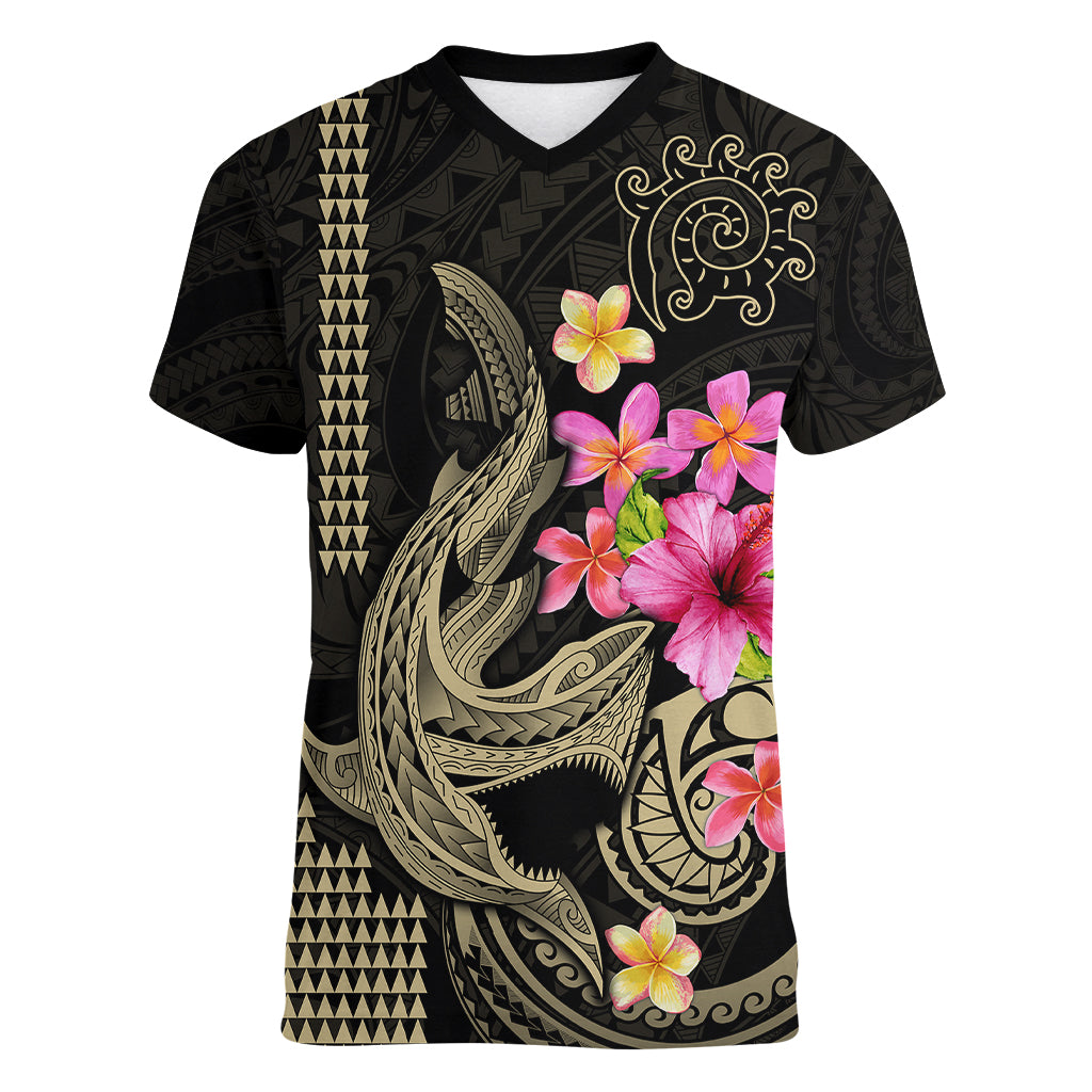 Custom Polynesian Women V Neck T Shirt Hawaiian Warriors with Tribal Shark Tattoos - Nude LT9 Female Nude - Polynesian Pride