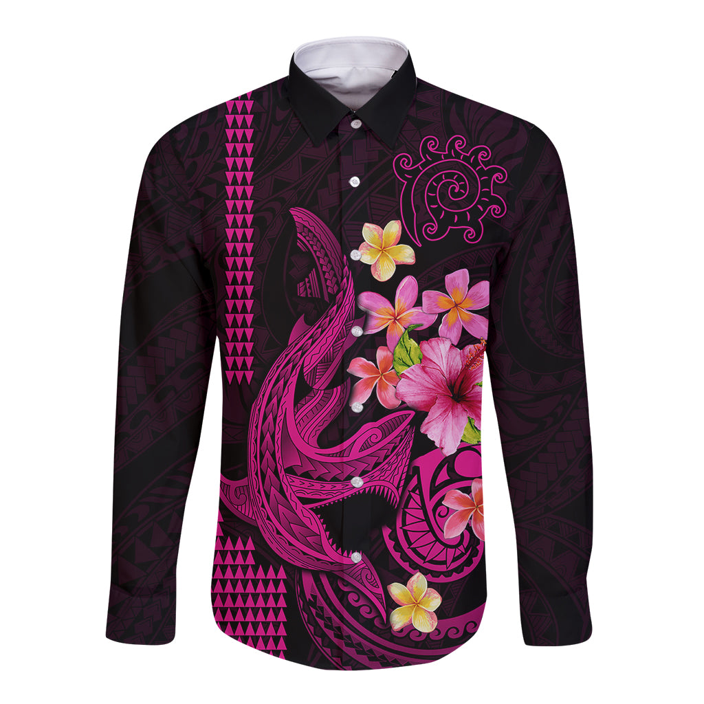 Custom Polynesian Long Sleeve Button Shirt Hawaiian Warriors with Tribal Shark Tattoos - Pink LT9 Unisex Pink - Polynesian Pride