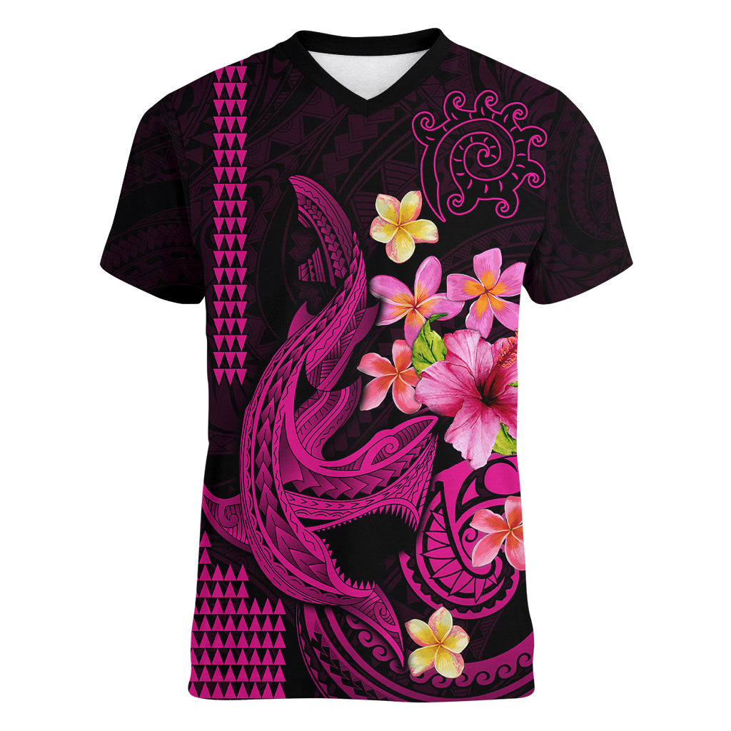 Custom Polynesian Women V Neck T Shirt Hawaiian Warriors with Tribal Shark Tattoos - Pink LT9 Female Pink - Polynesian Pride