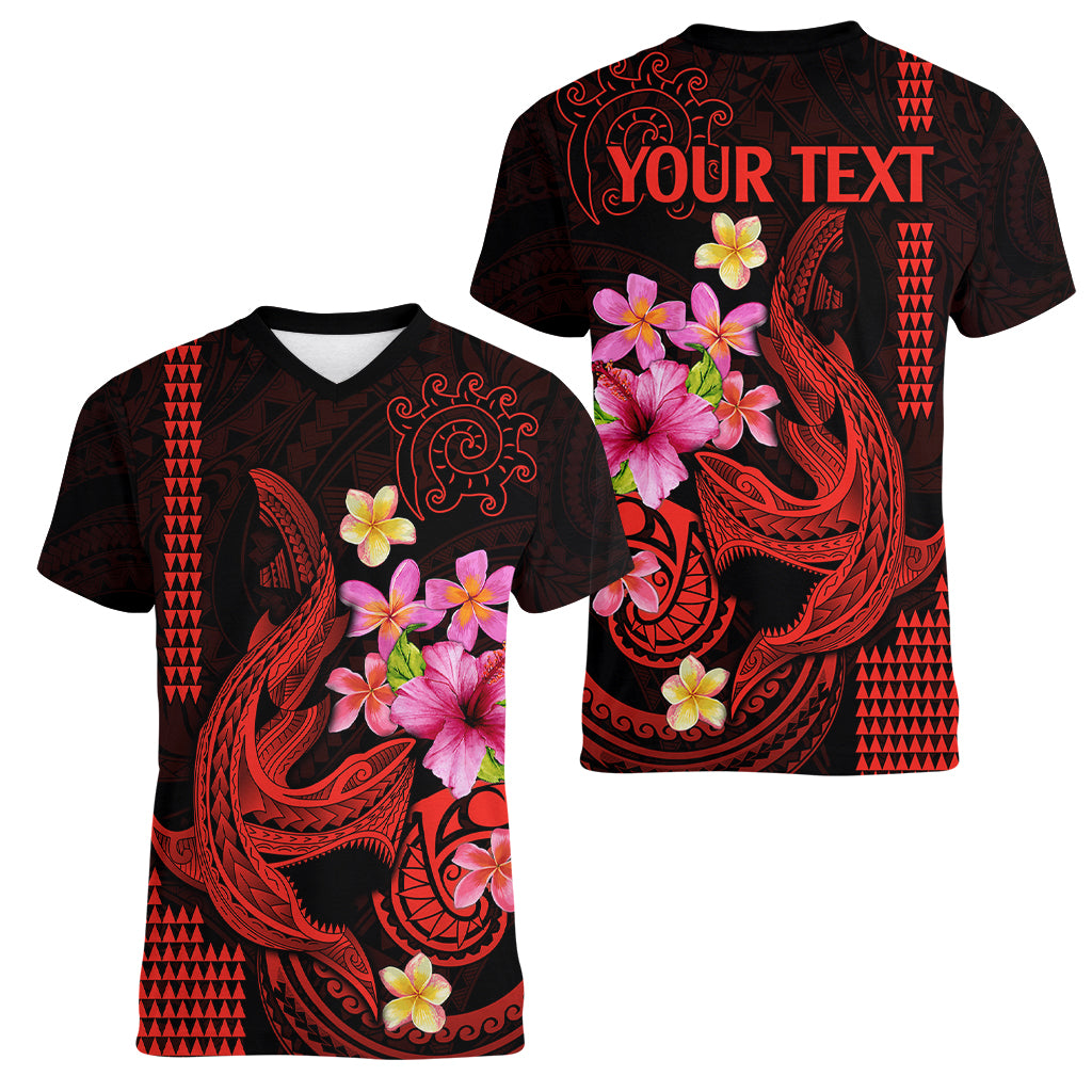 Custom Polynesian Women V Neck T Shirt Hawaiian Warriors with Tribal Shark Tattoos - Red LT9 - Polynesian Pride