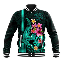 Custom Polynesian Baseball Jacket Hawaiian Warriors with Tribal Shark Tattoos - Turquoise LT9 Unisex Turquoise - Polynesian Pride