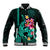Custom Polynesian Baseball Jacket Hawaiian Warriors with Tribal Shark Tattoos - Turquoise LT9 Unisex Turquoise - Polynesian Pride