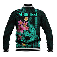 Custom Polynesian Baseball Jacket Hawaiian Warriors with Tribal Shark Tattoos - Turquoise LT9 - Polynesian Pride