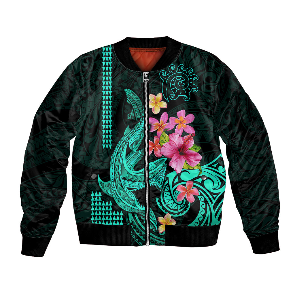 Custom Polynesian Bomber Jacket Hawaiian Warriors with Tribal Shark Tattoos - Turquoise LT9 Unisex Turquoise - Polynesian Pride