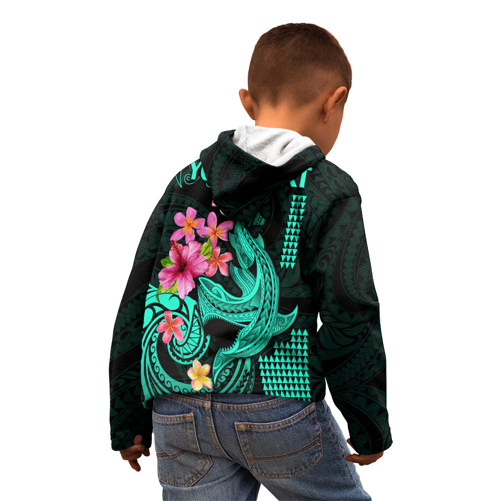 Custom Polynesian Kid Hoodie Hawaiian Warriors with Tribal Shark Tattoos - Turquoise LT9 - Polynesian Pride