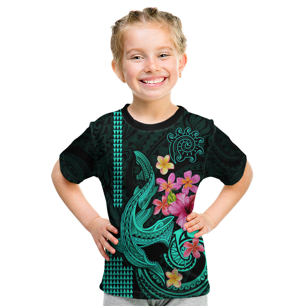 Custom Polynesian Kid T Shirt Hawaiian Warriors with Tribal Shark Tattoos - Turquoise LT9 Turquoise - Polynesian Pride