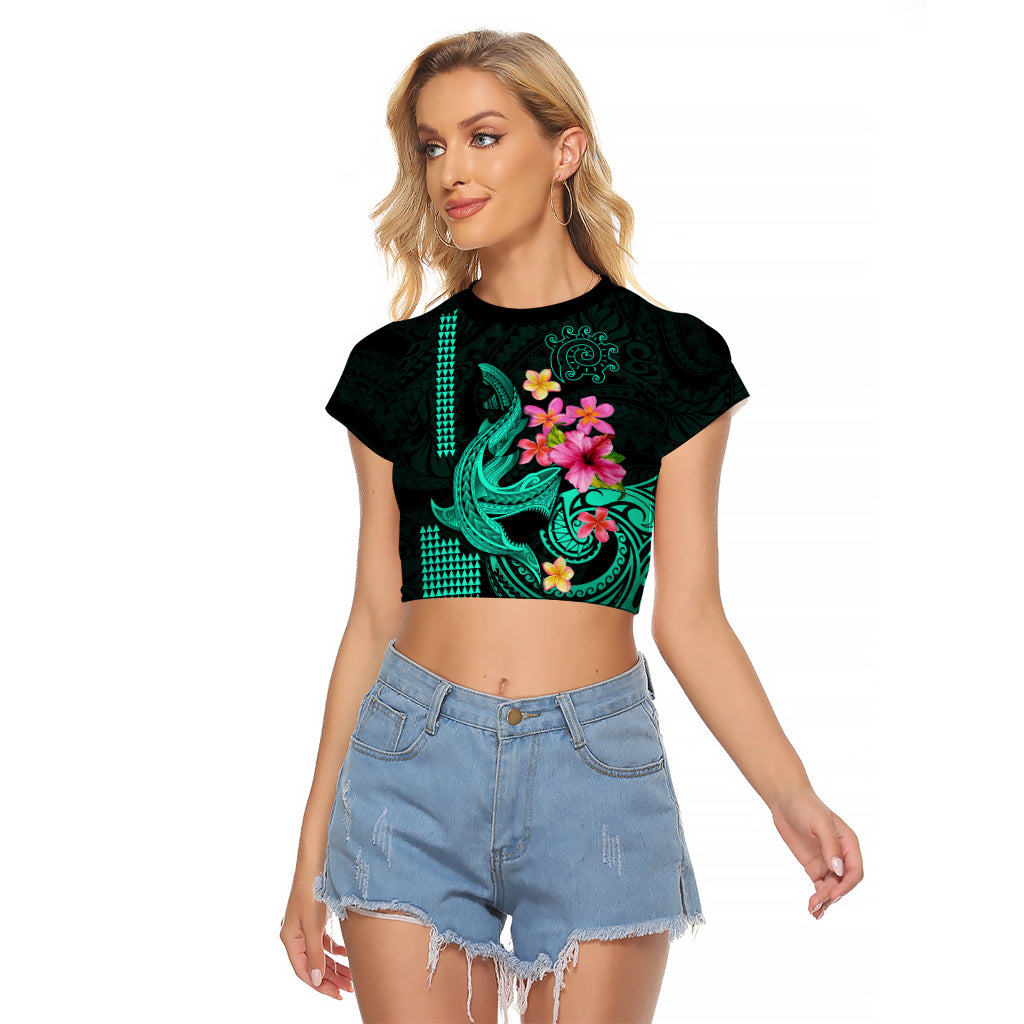 Custom Polynesian Raglan Cropped T Shirt Hawaiian Warriors with Tribal Shark Tattoos - Turquoise LT9 Female Turquoise - Polynesian Pride
