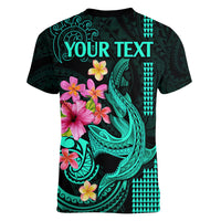 Custom Polynesian Women V Neck T Shirt Hawaiian Warriors with Tribal Shark Tattoos - Turquoise LT9 - Polynesian Pride