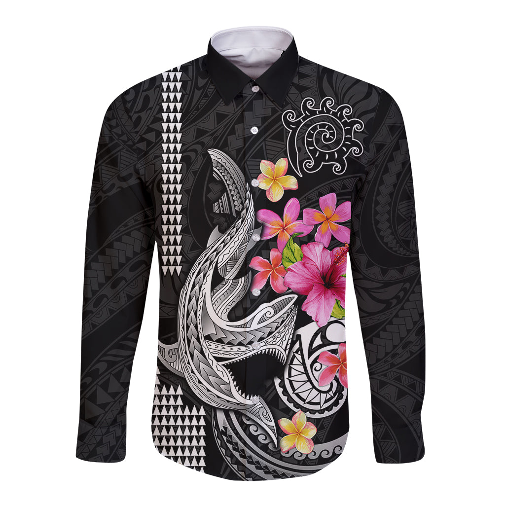 Custom Polynesian Long Sleeve Button Shirt Hawaiian Warriors with Tribal Shark Tattoos - White LT9 Unisex White - Polynesian Pride