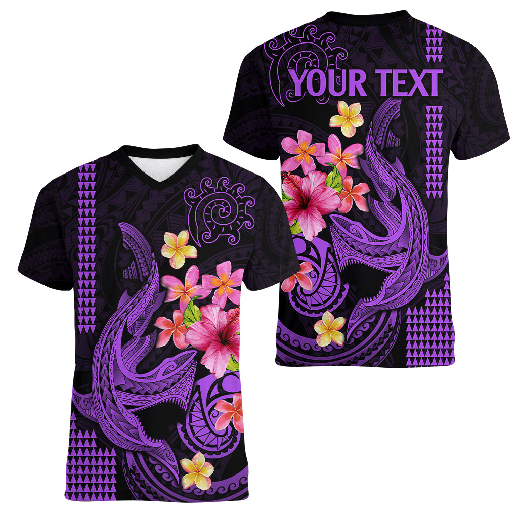 Custom Polynesian Women V Neck T Shirt Hawaiian Warriors with Tribal Shark Tattoos - Purple LT9 - Polynesian Pride