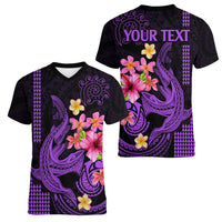 Custom Polynesian Women V Neck T Shirt Hawaiian Warriors with Tribal Shark Tattoos - Purple LT9 - Polynesian Pride