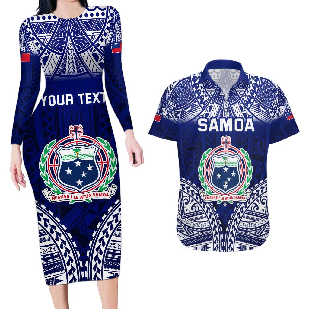 Personalised Samoa Coat Of Arms Couples Matching Long Sleeve Bodycon Dress and Hawaiian Shirt With Polynesian Pattern Version LT9 Blue - Polynesian Pride
