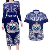 Personalised Samoa Coat Of Arms Couples Matching Long Sleeve Bodycon Dress and Hawaiian Shirt With Polynesian Pattern Version LT9 Blue - Polynesian Pride