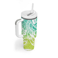 Polynesian Tribal Plumeria Tumbler With Handle with Hawaii Kanaka Maoli Green Gradient Version