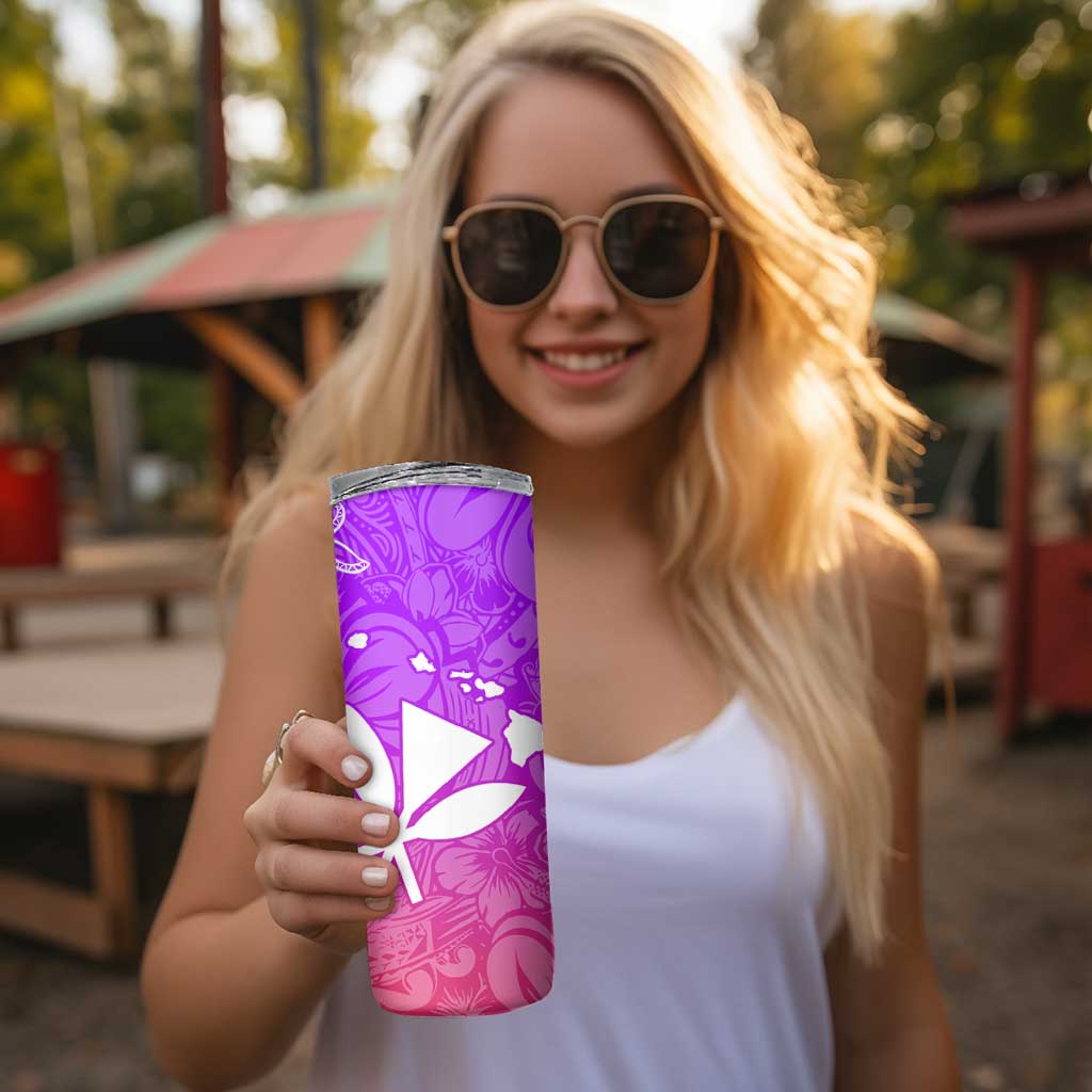 Polynesian Tribal Plumeria Skinny Tumbler with Hawaii Kanaka Maoli Purple Gradient Version