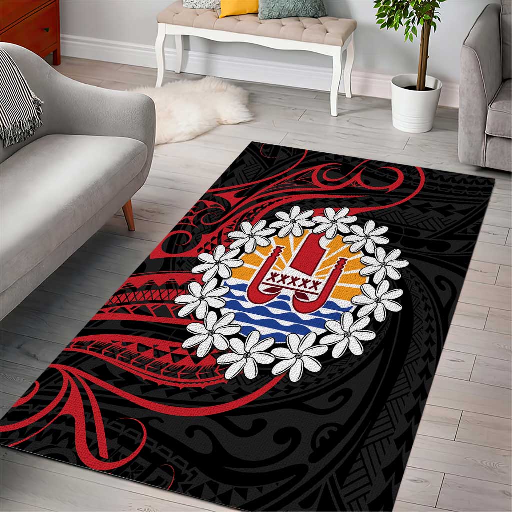 Tahitian Coat Of Arm and Tiare Flower Area Rug Polynesian Tribal Tattoo