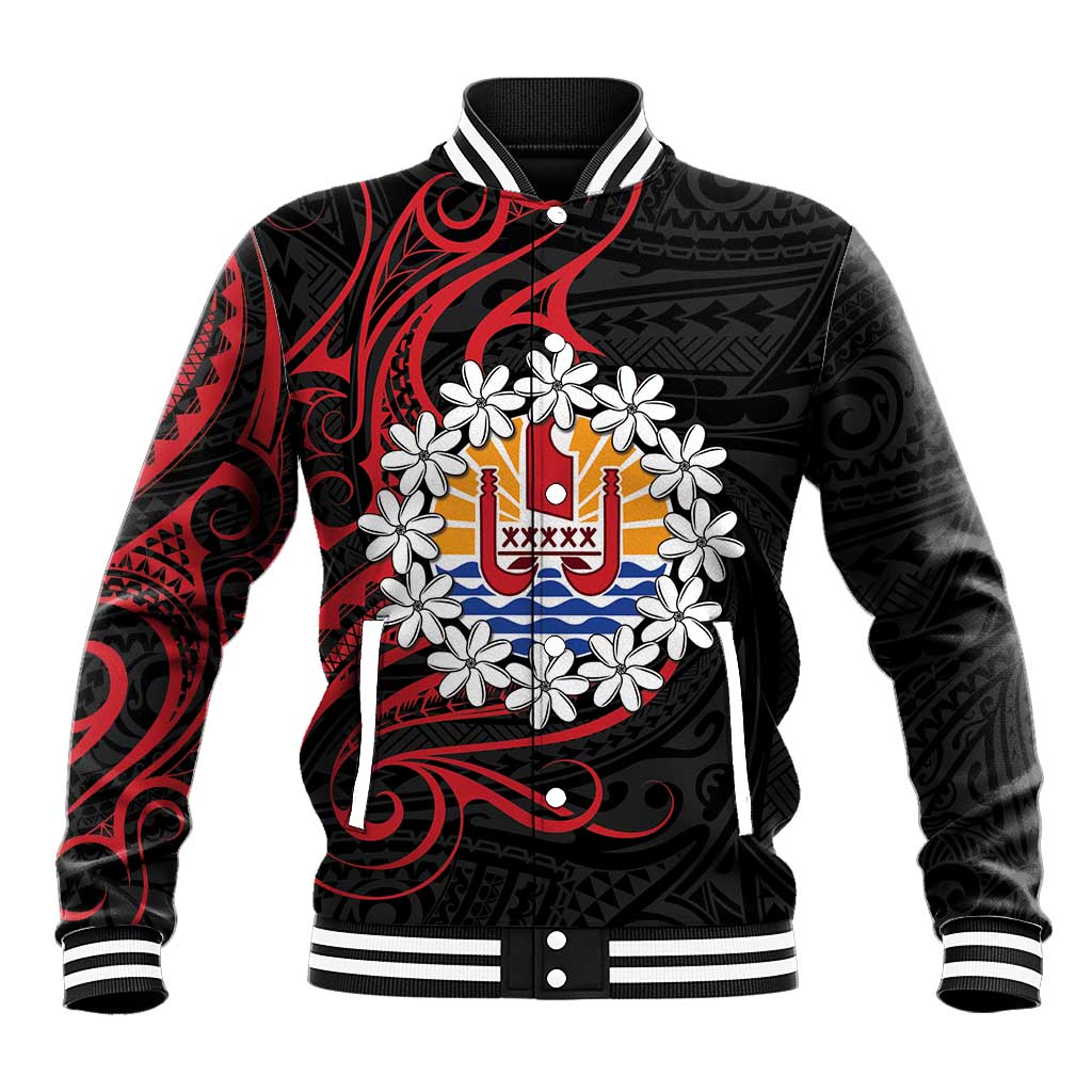 Tahitian Coat Of Arm and Tiare Flower Baseball Jacket Polynesian Tribal Tattoo LT9 Unisex Black - Polynesian Pride