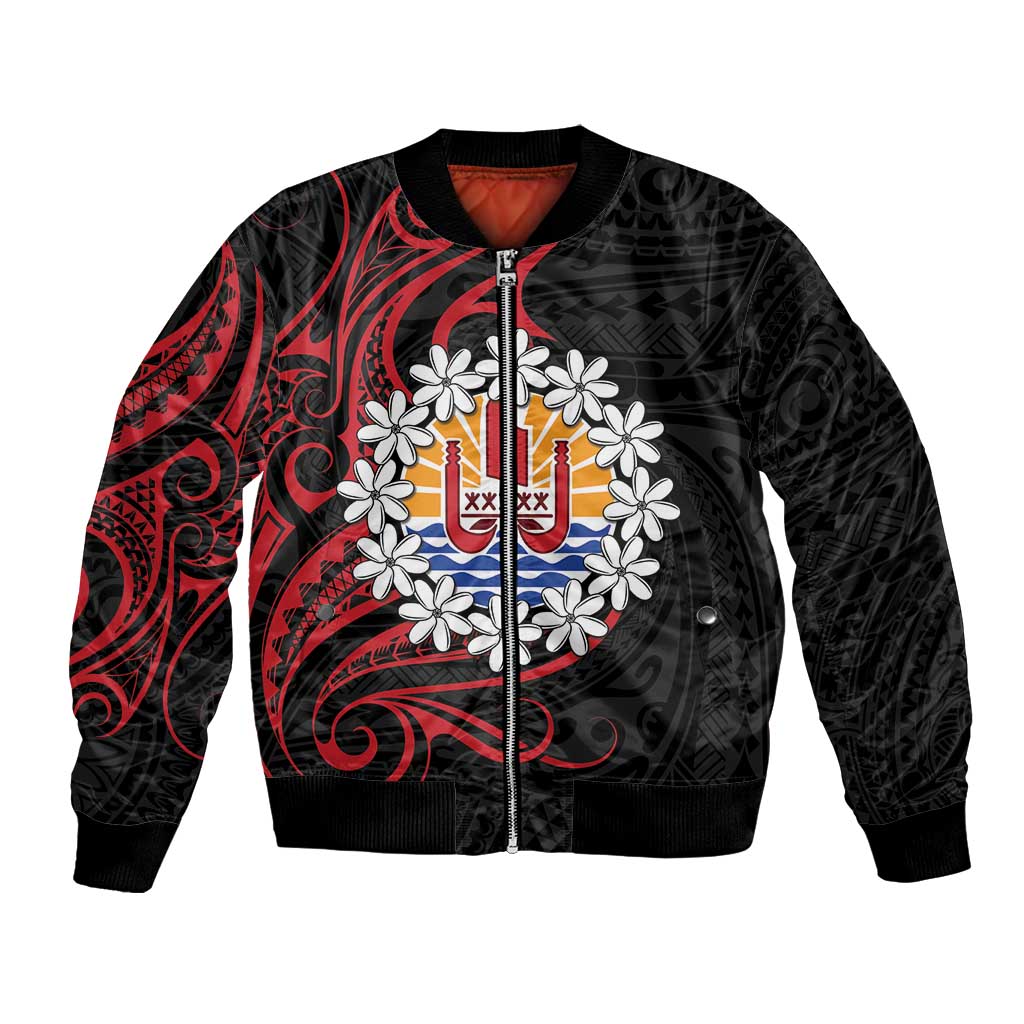 Tahitian Coat Of Arm and Tiare Flower Bomber Jacket Polynesian Tribal Tattoo LT9 Unisex Black - Polynesian Pride