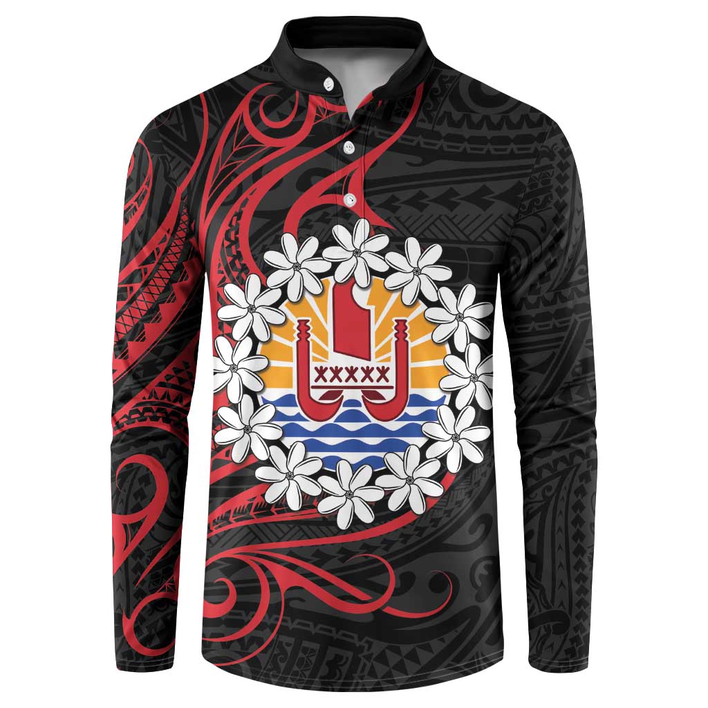 Tahitian Coat Of Arm and Tiare Flower Button Sweatshirt Polynesian Tribal Tattoo LT9 Black - Polynesian Pride
