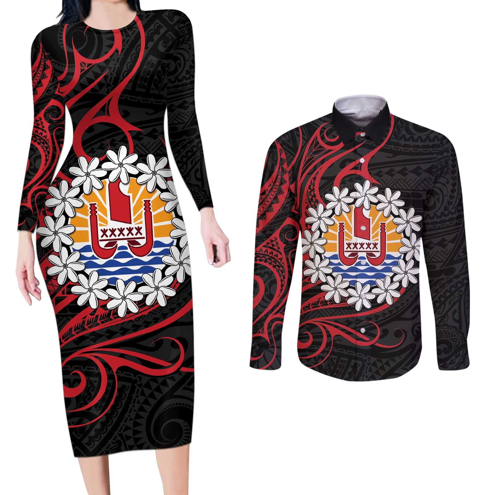 Tahitian Coat Of Arm and Tiare Flower Couples Matching Long Sleeve Bodycon Dress and Long Sleeve Button Shirt Polynesian Tribal Tattoo LT9 Black - Polynesian Pride