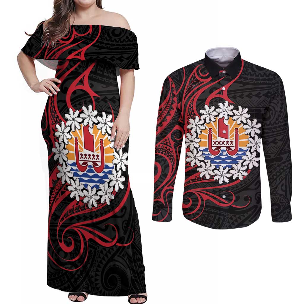 Tahitian Coat Of Arm and Tiare Flower Couples Matching Off Shoulder Maxi Dress and Long Sleeve Button Shirt Polynesian Tribal Tattoo LT9 Black - Polynesian Pride