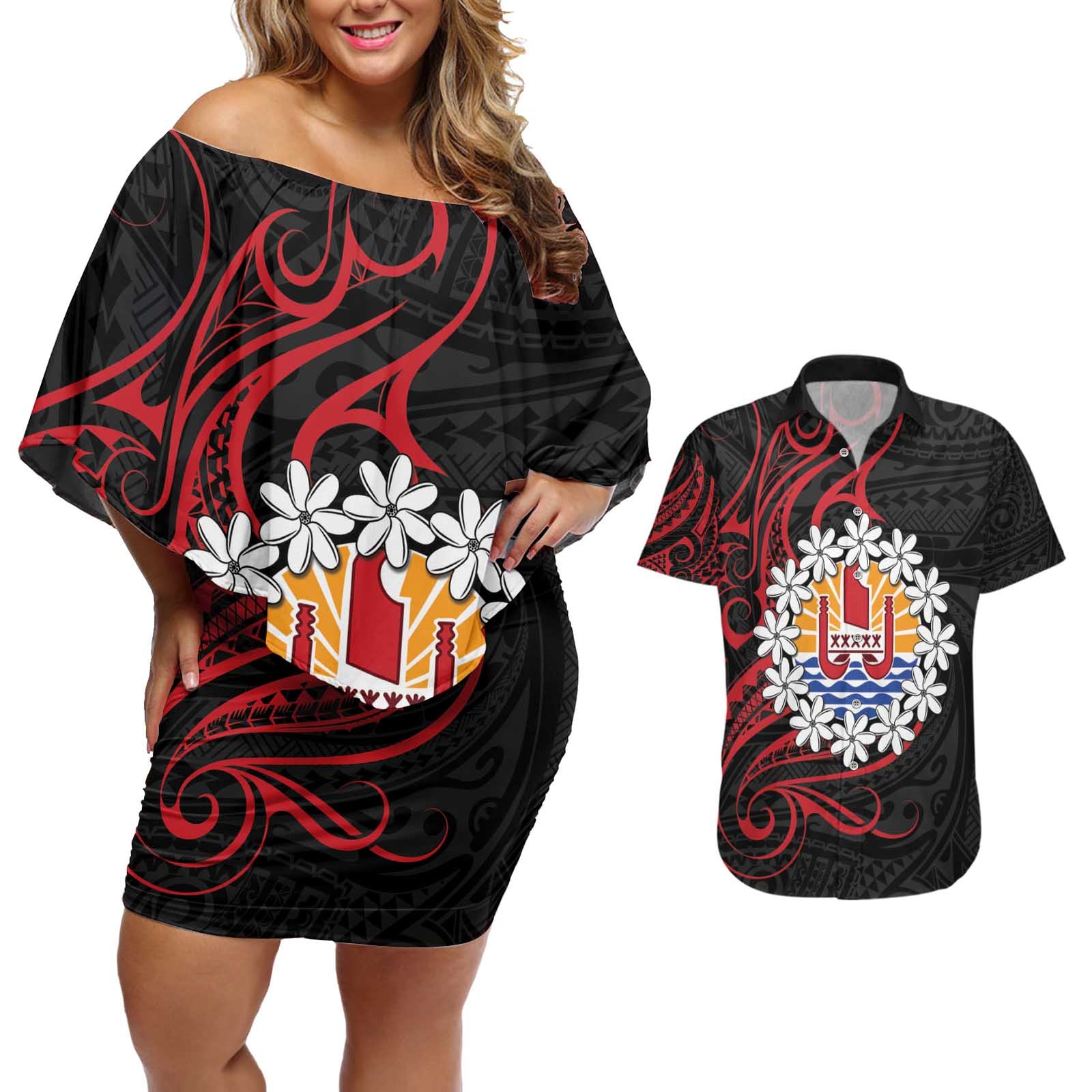 Tahitian Coat Of Arm and Tiare Flower Couples Matching Off Shoulder Short Dress and Hawaiian Shirt Polynesian Tribal Tattoo LT9 Black - Polynesian Pride
