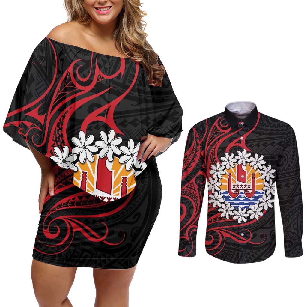 Tahitian Coat Of Arm and Tiare Flower Couples Matching Off Shoulder Short Dress and Long Sleeve Button Shirt Polynesian Tribal Tattoo LT9 Black - Polynesian Pride