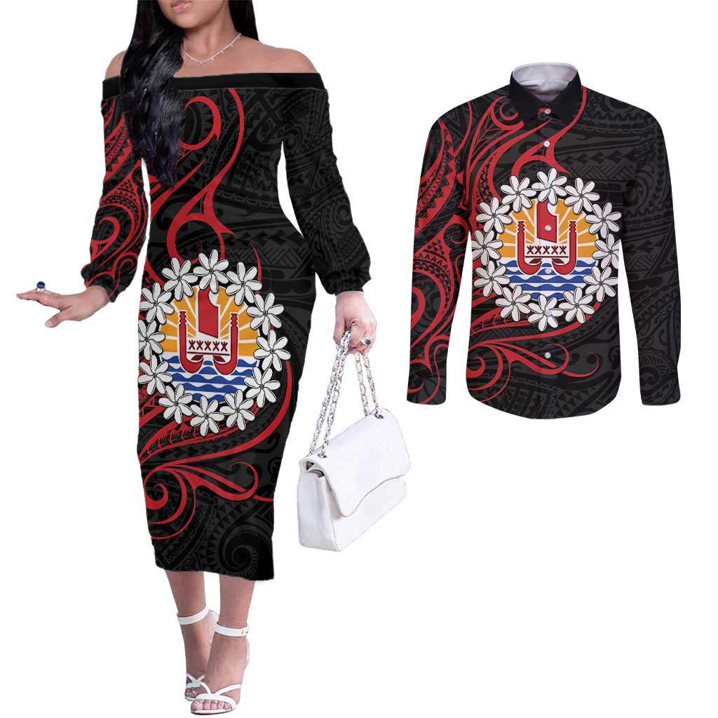 Tahitian Coat Of Arm and Tiare Flower Couples Matching Off The Shoulder Long Sleeve Dress and Long Sleeve Button Shirt Polynesian Tribal Tattoo LT9 Black - Polynesian Pride