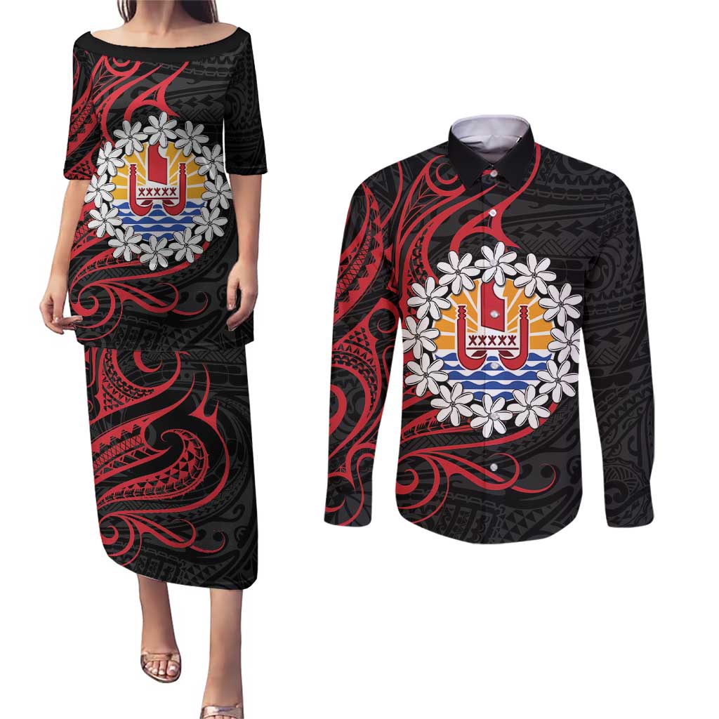 Tahitian Coat Of Arm and Tiare Flower Couples Matching Puletasi and Long Sleeve Button Shirt Polynesian Tribal Tattoo LT9 Black - Polynesian Pride