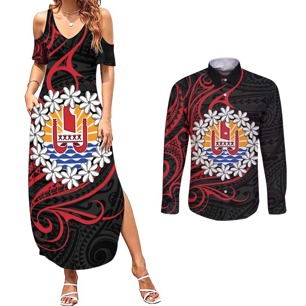 Tahitian Coat Of Arm and Tiare Flower Couples Matching Summer Maxi Dress and Long Sleeve Button Shirt Polynesian Tribal Tattoo LT9 Black - Polynesian Pride