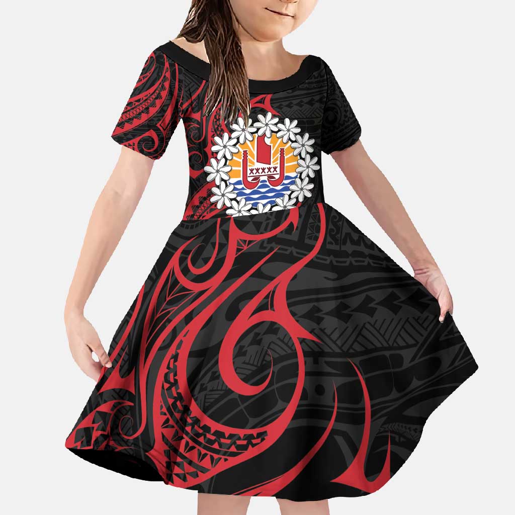 Tahitian Coat Of Arm and Tiare Flower Family Matching Mermaid Dress and Hawaiian Shirt Polynesian Tribal Tattoo LT9 Daughter's Dress Black - Polynesian Pride