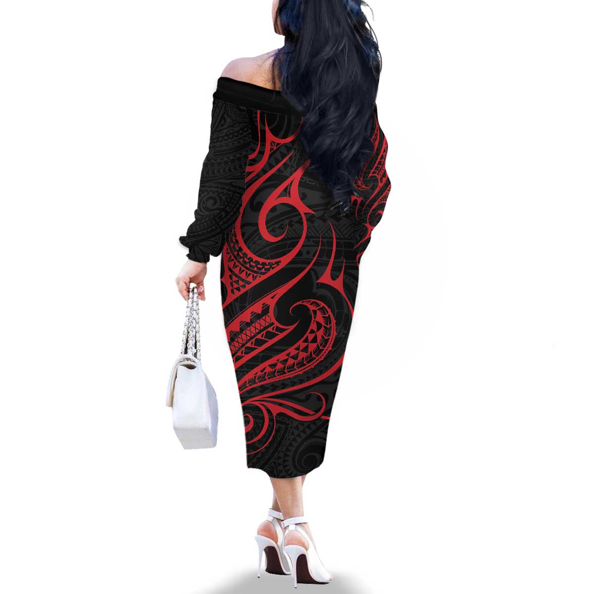 Tahitian Coat Of Arm and Tiare Flower Family Matching Off The Shoulder Long Sleeve Dress and Hawaiian Shirt Polynesian Tribal Tattoo