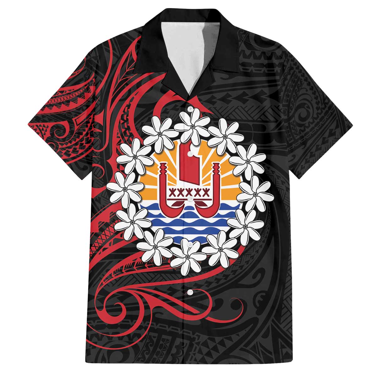 Tahitian Coat Of Arm and Tiare Flower Family Matching Off Shoulder Short Dress and Hawaiian Shirt Polynesian Tribal Tattoo