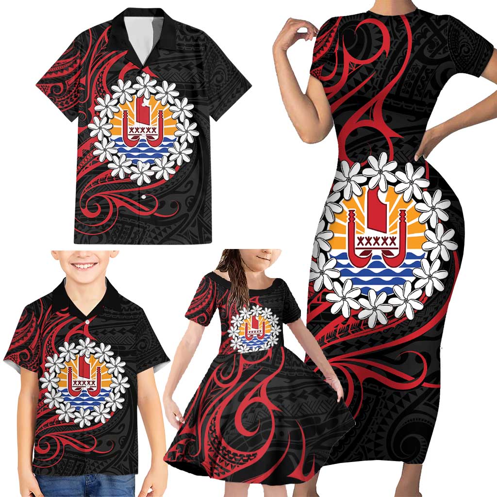 Tahitian Coat Of Arm and Tiare Flower Family Matching Short Sleeve Bodycon Dress and Hawaiian Shirt Polynesian Tribal Tattoo LT9 - Polynesian Pride