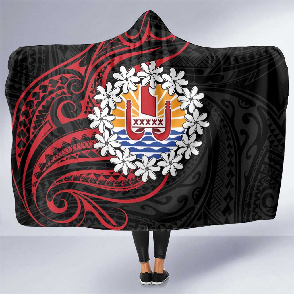 Tahitian Coat Of Arm and Tiare Flower Hooded Blanket Polynesian Tribal Tattoo LT9 One Size Black - Polynesian Pride