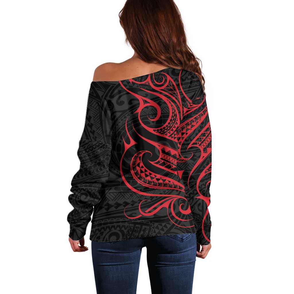 Tahitian Coat Of Arm and Tiare Flower Off Shoulder Sweater Polynesian Tribal Tattoo