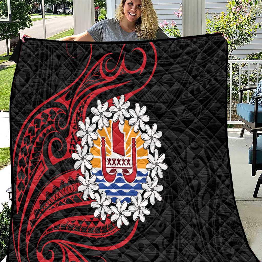 Tahitian Coat Of Arm and Tiare Flower Quilt Polynesian Tribal Tattoo LT9 Black - Polynesian Pride