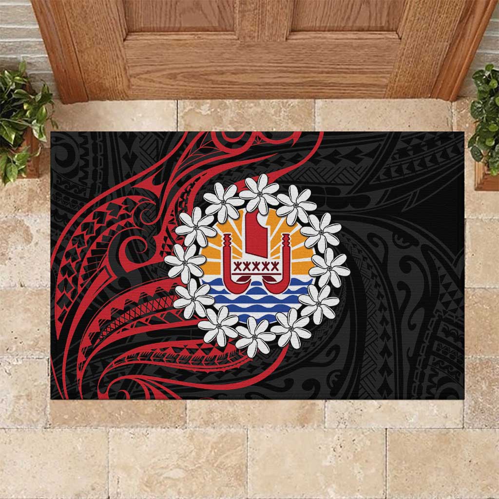 Tahitian Coat Of Arm and Tiare Flower Rubber Doormat Polynesian Tribal Tattoo LT9 Black - Polynesian Pride