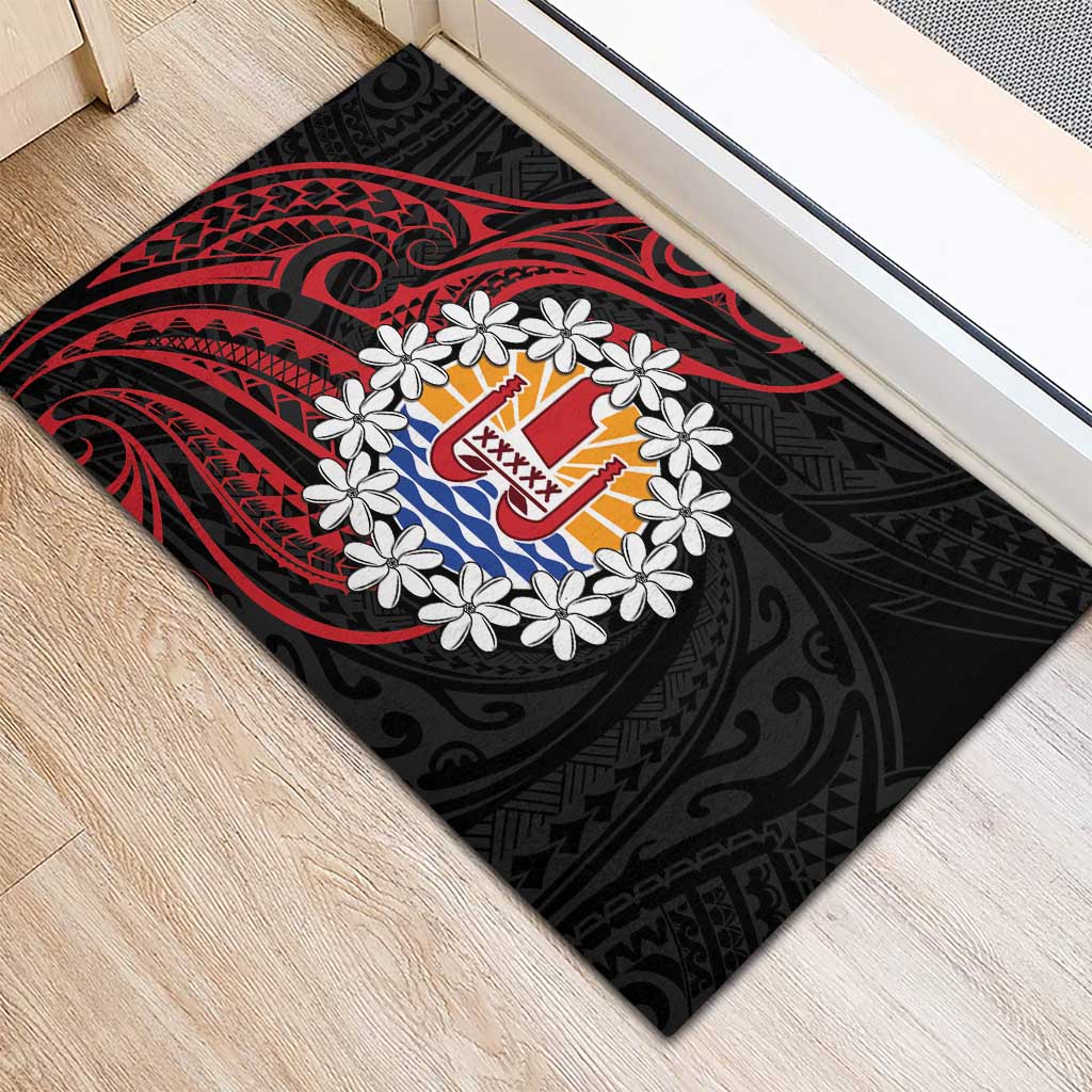Tahitian Coat Of Arm and Tiare Flower Rubber Doormat Polynesian Tribal Tattoo