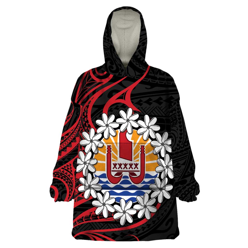 Tahitian Coat Of Arm and Tiare Flower Wearable Blanket Hoodie Polynesian Tribal Tattoo LT9 One Size Black - Polynesian Pride