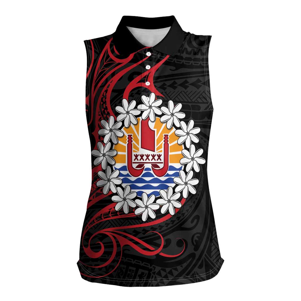 Tahitian Coat Of Arm and Tiare Flower Women Sleeveless Polo Shirt Polynesian Tribal Tattoo LT9 Female Black - Polynesian Pride