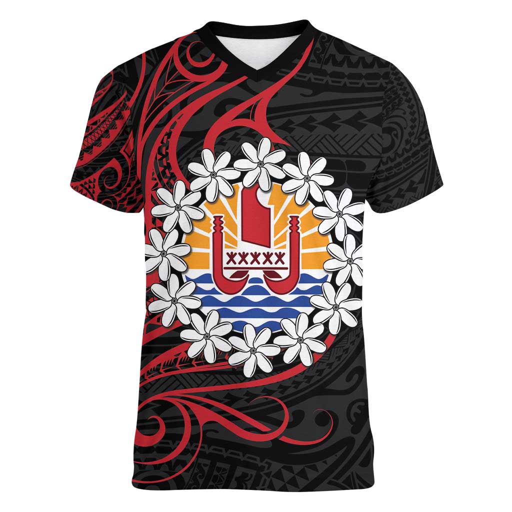 Tahitian Coat Of Arm and Tiare Flower Women V-Neck T-Shirt Polynesian Tribal Tattoo LT9 Female Black - Polynesian Pride