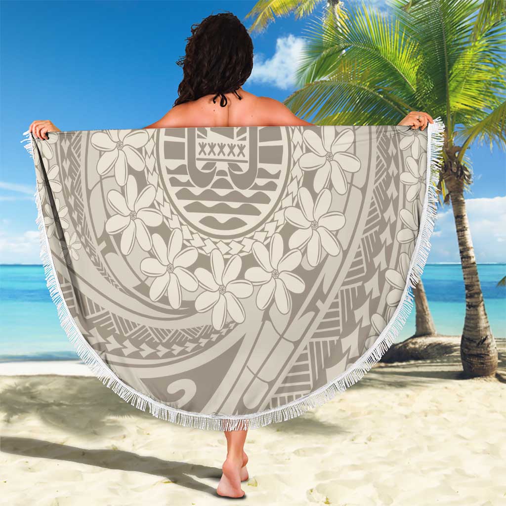 Tahitian Tiare Flower Beach Blanket Beige Polynesian Pattern