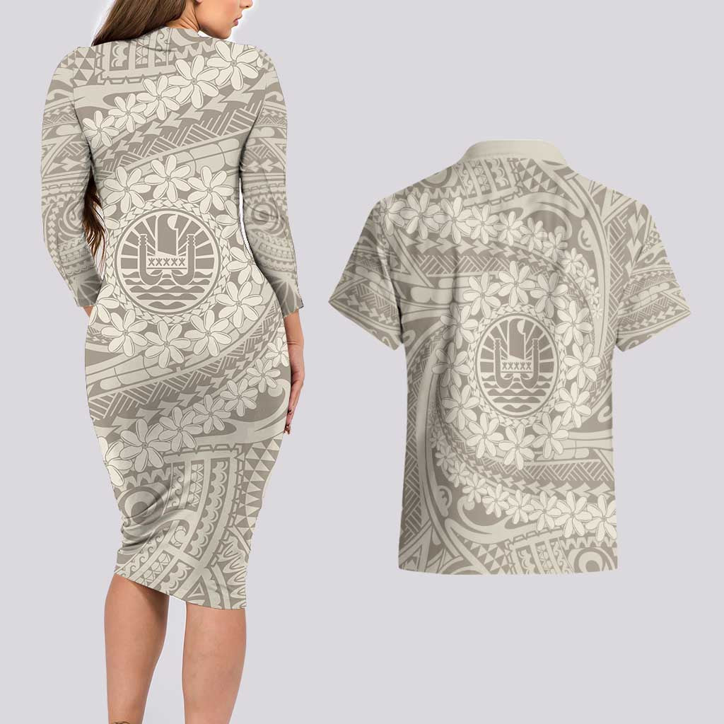 Tahitian Tiare Flower Couples Matching Long Sleeve Bodycon Dress and Hawaiian Shirt Beige Polynesian Pattern